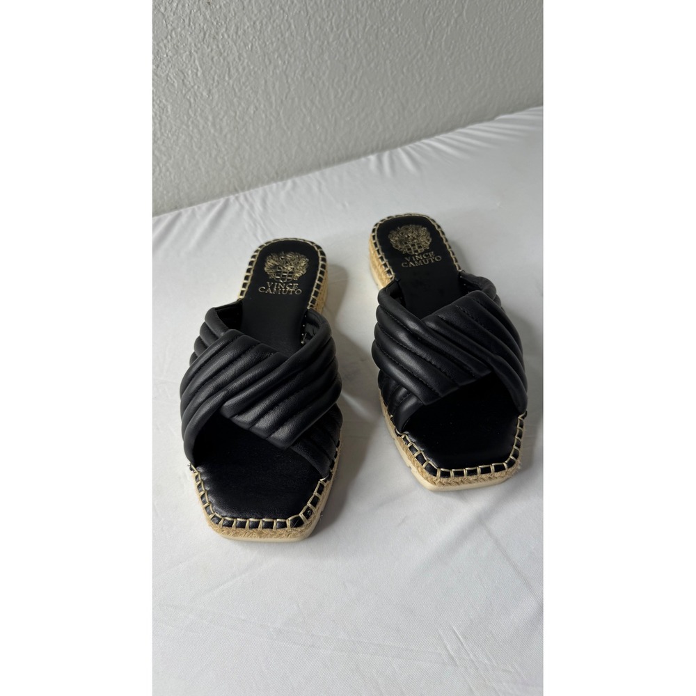 Vince Camuto Black Leather Quilted Twist Espadrille Platform Slide Sandals